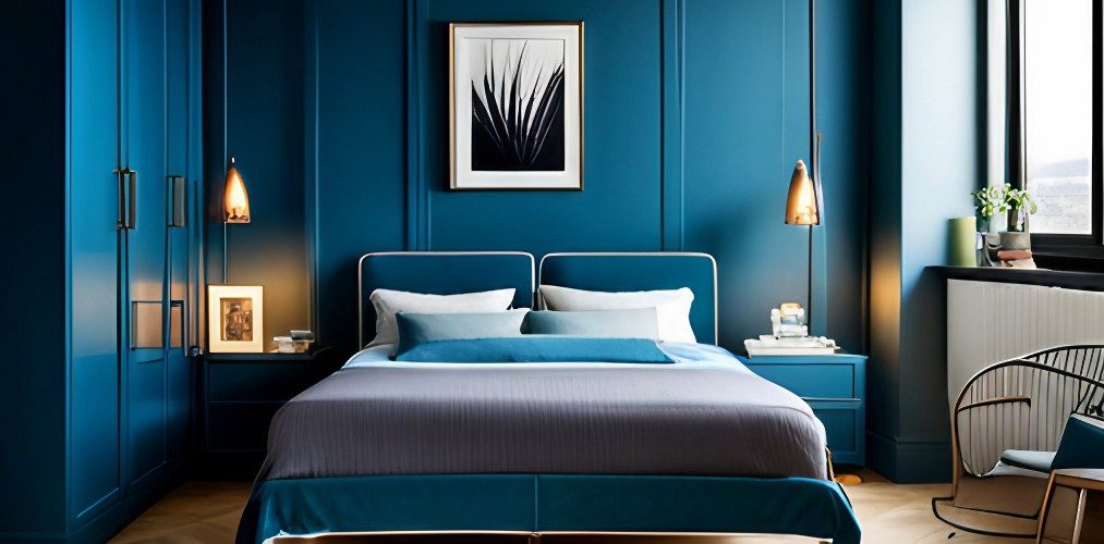 Master bedroom with blue bedding and blue wardrobe-Beautiful Homes