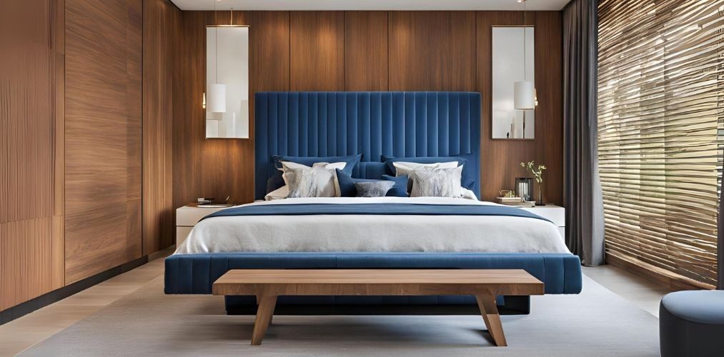 Master bedroom with blue headboard bed and wooden wall paneling - Beautiful Homes