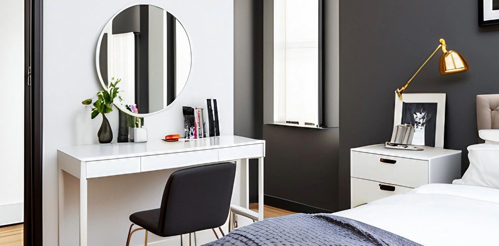 Master bedroom with white dressing table and round mirror-Beautiful Homes