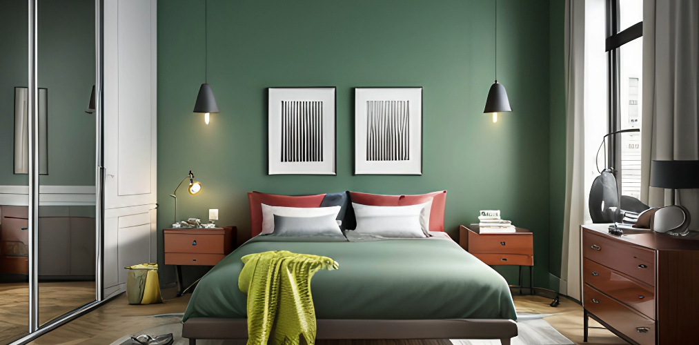 Master bedroom with green accent wall and wooden bed-Beautiful Homes