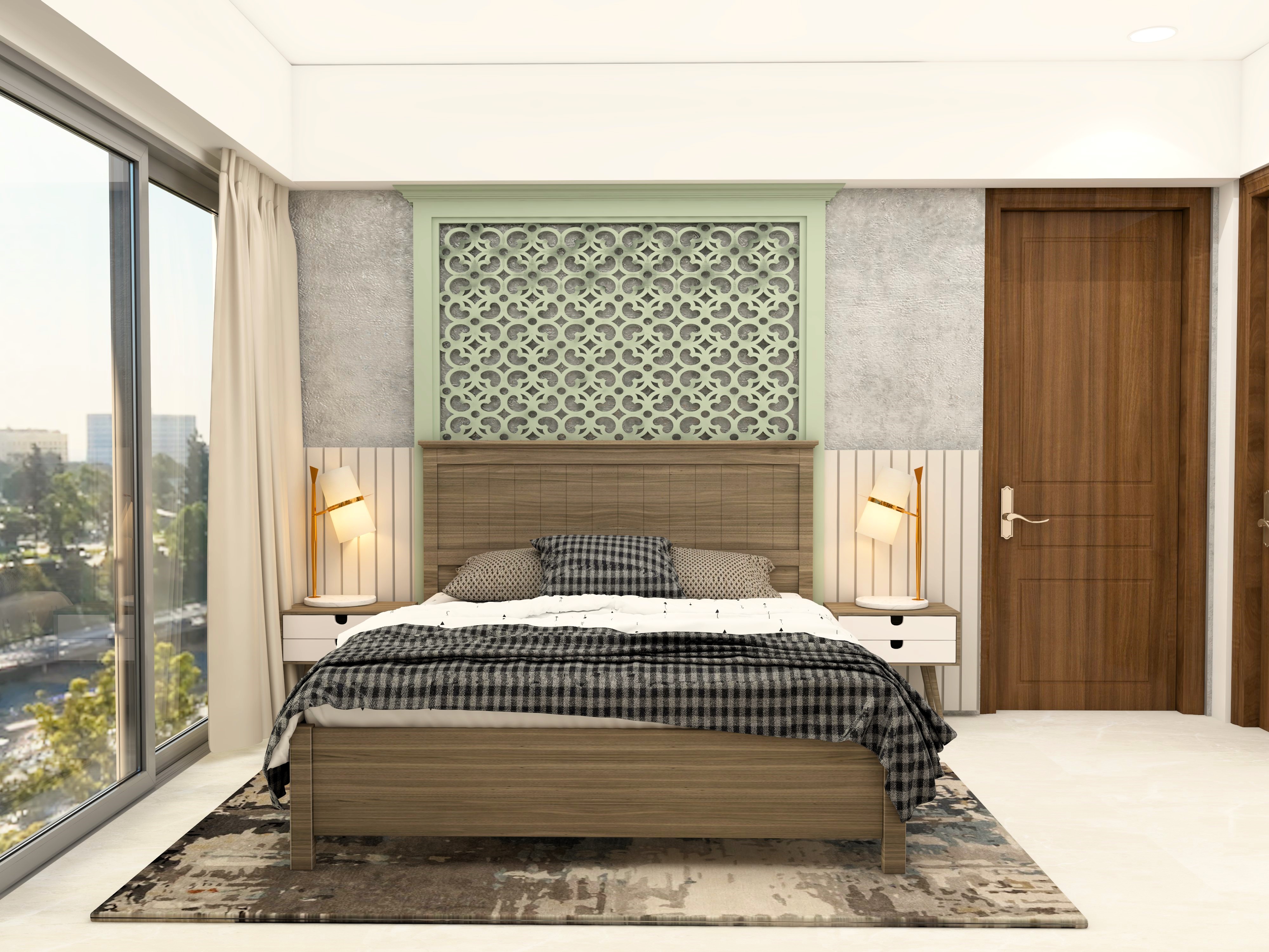 Master bedroom with green CNC cut panel and wooden bed - Beautiful Homes