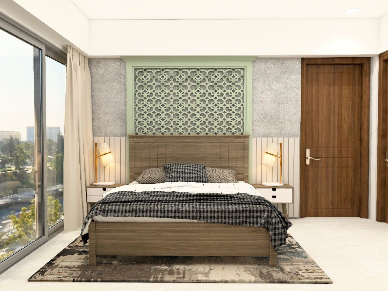 Master bedroom with green CNC cut panel and wooden bed - Beautiful Homes