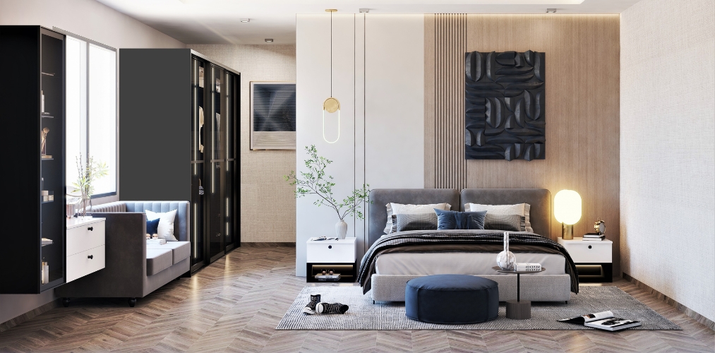 Master bedroom with grey headboard and wooden flooring-Beautiful Homes