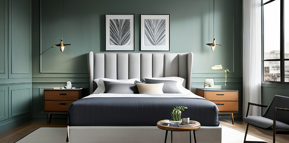 Master bedroom with grey headboard bed and green walls-Beautiful Homes