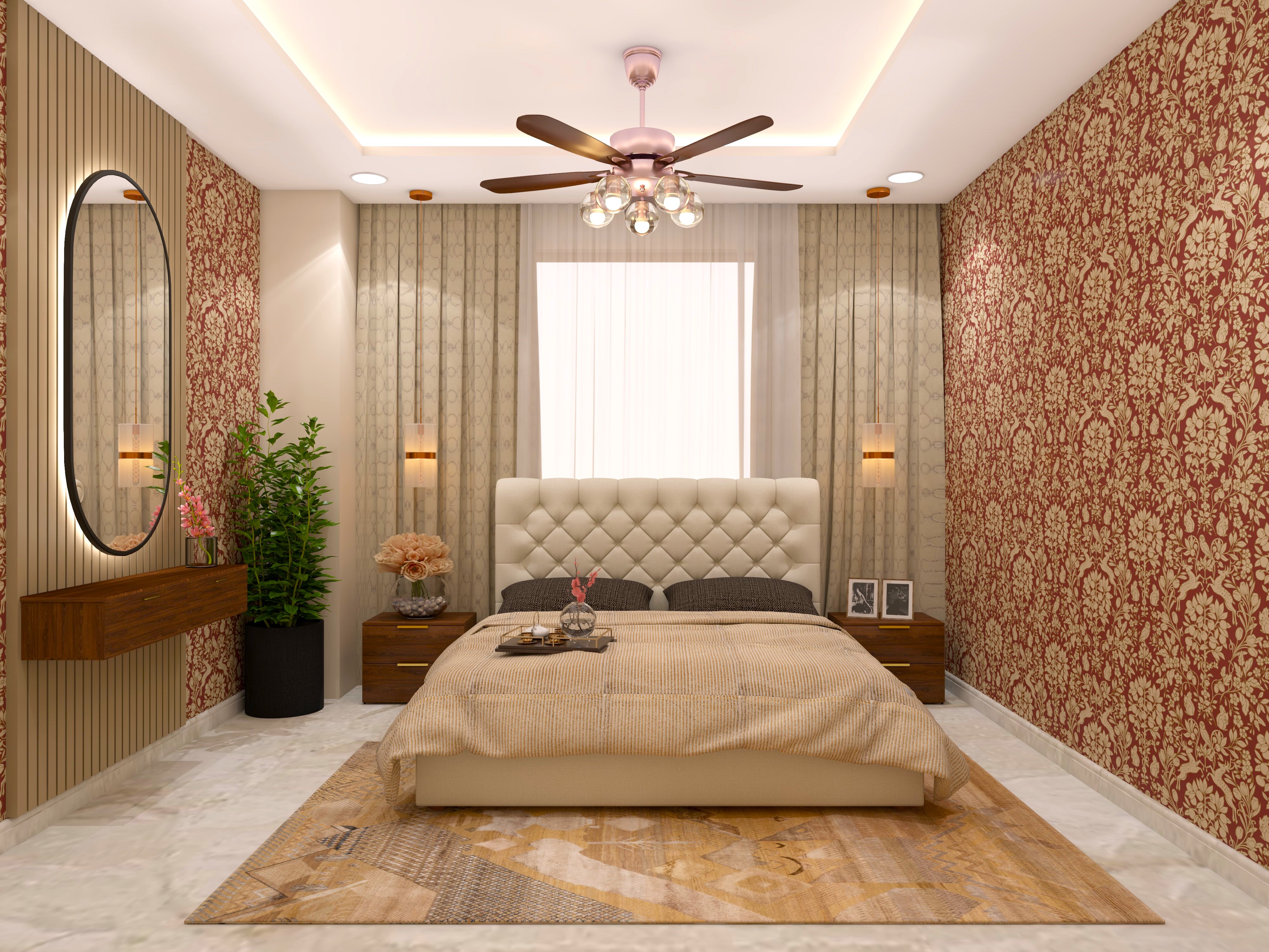Master bedroom with intricate wallpaper design and led capsule mirror-Beautiful Homes