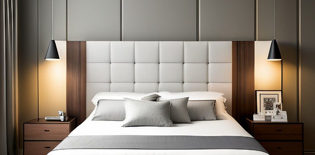 Master bedroom design with white headboard and grey walls-Beautiful Homes