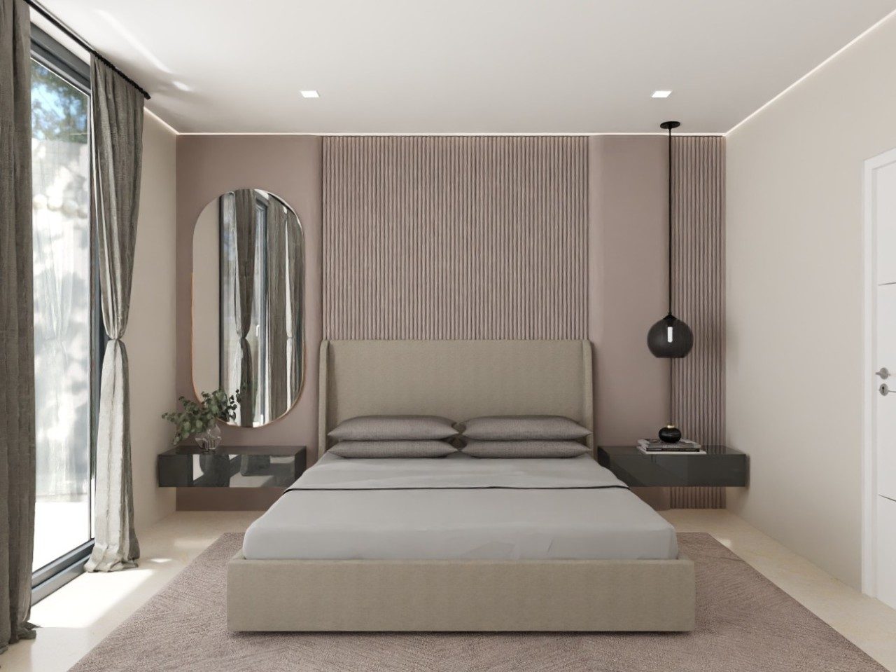 Modern bedroom with grey bed and textured walls - Beautiful Homes