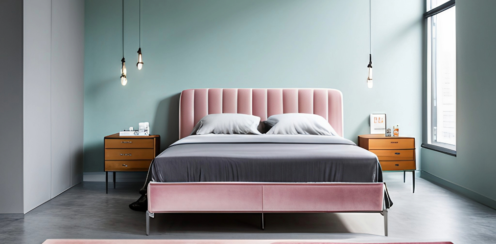 Master bedroom with pastel pink velvet upholstery and metal bed-Beautiful Homes