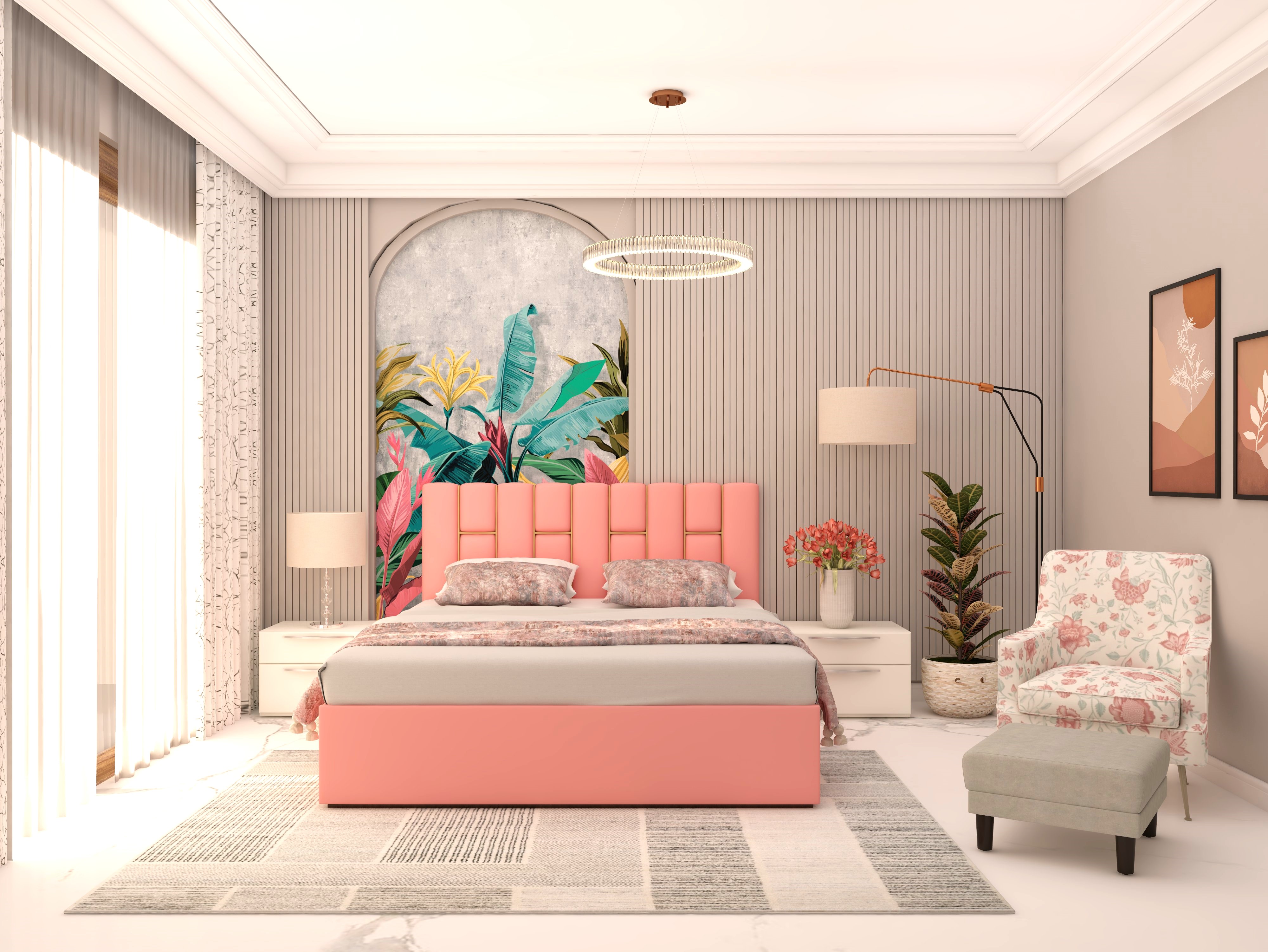 Master bedroom with pink bed and grey fluted paneling-Beautiful Homes