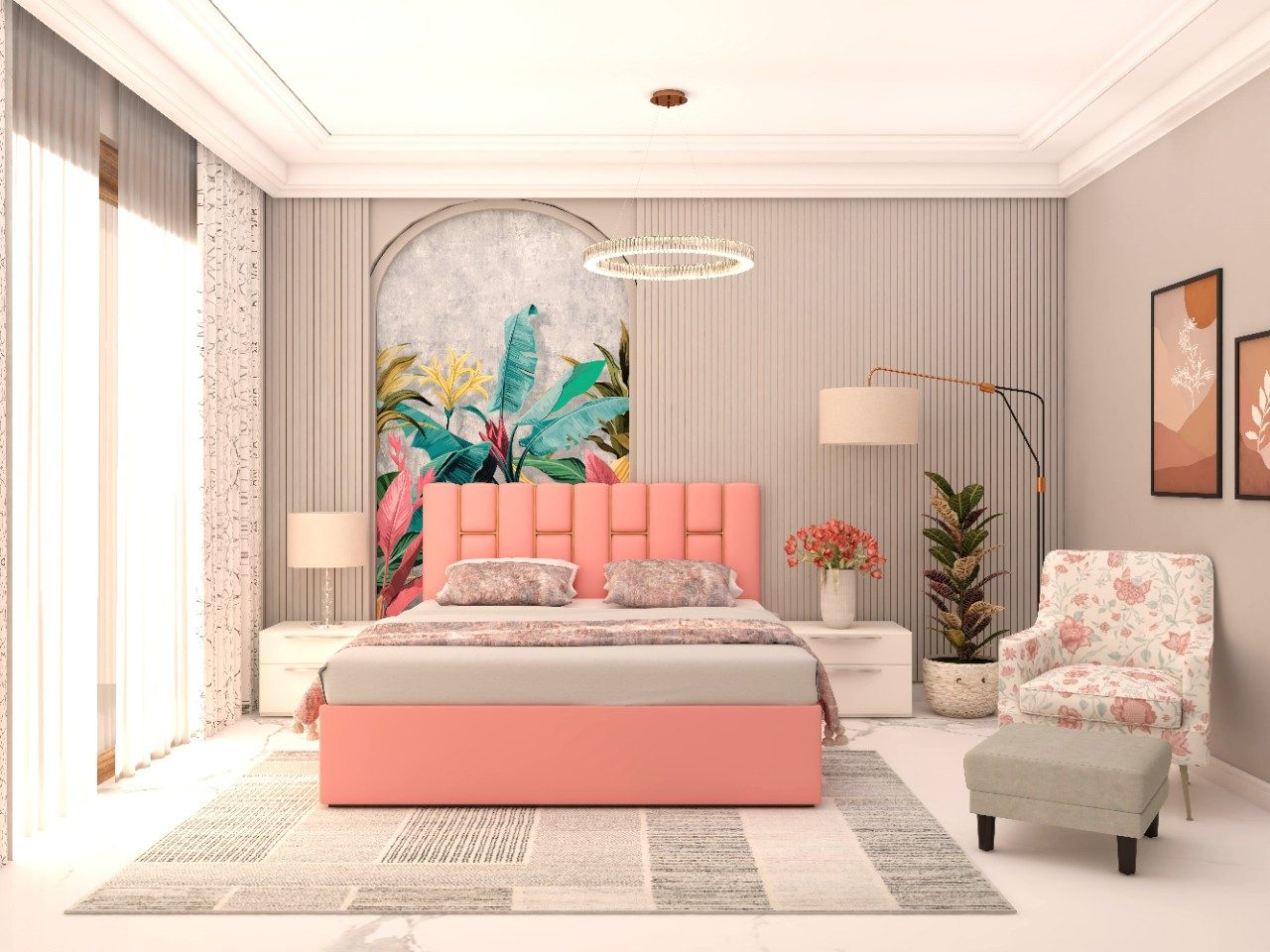 Master bedroom with pink bed and grey fluted paneling-Beautiful Homes