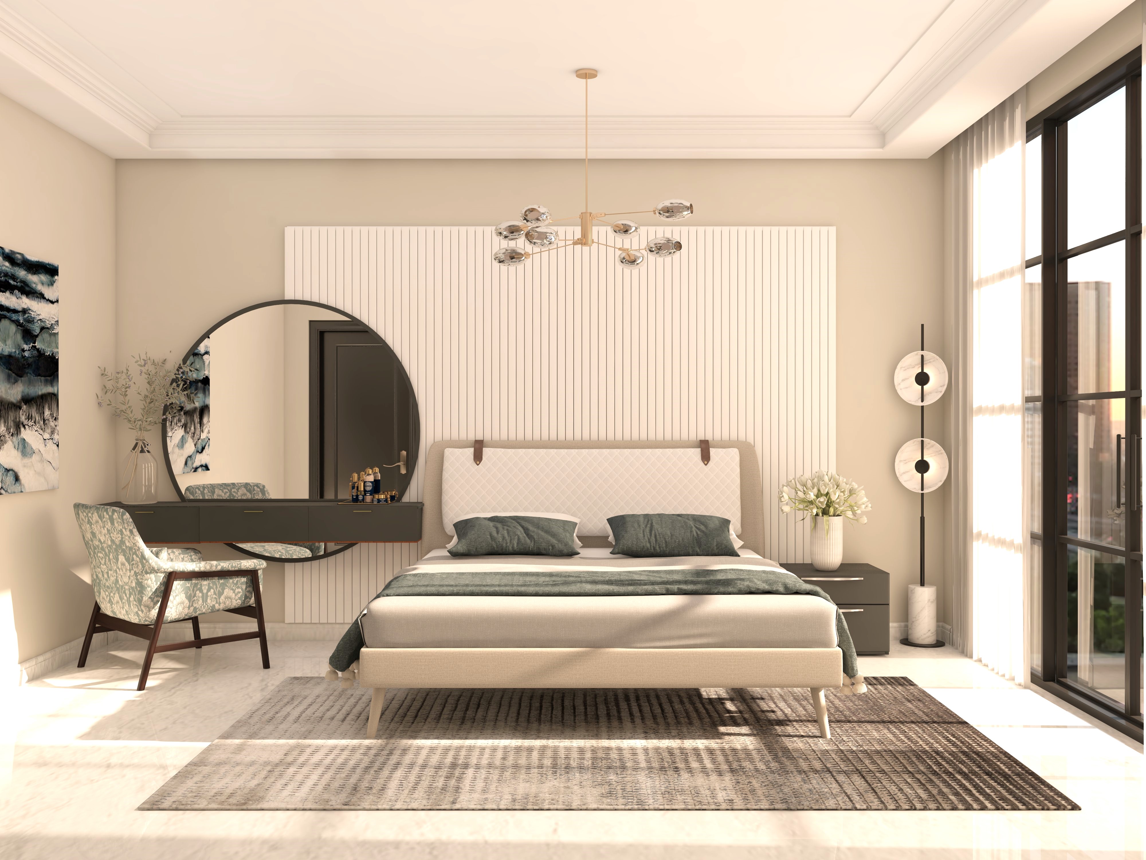 Master bedroom with white louvered paneling and circular dressing mirror-Beautiful Homes