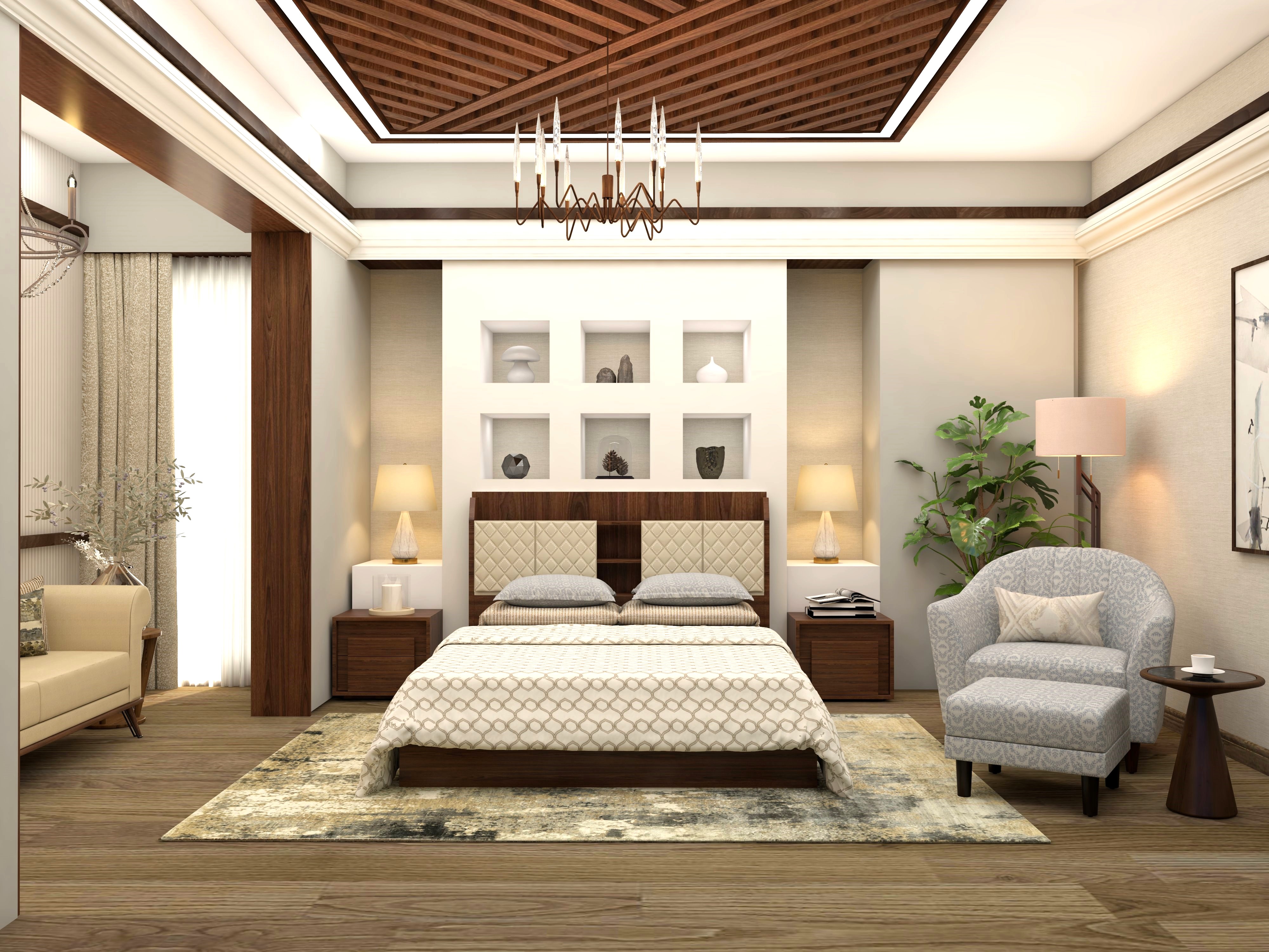 Master bedroom with wooden bed and printed upholstered armchair-Beautiful Homes