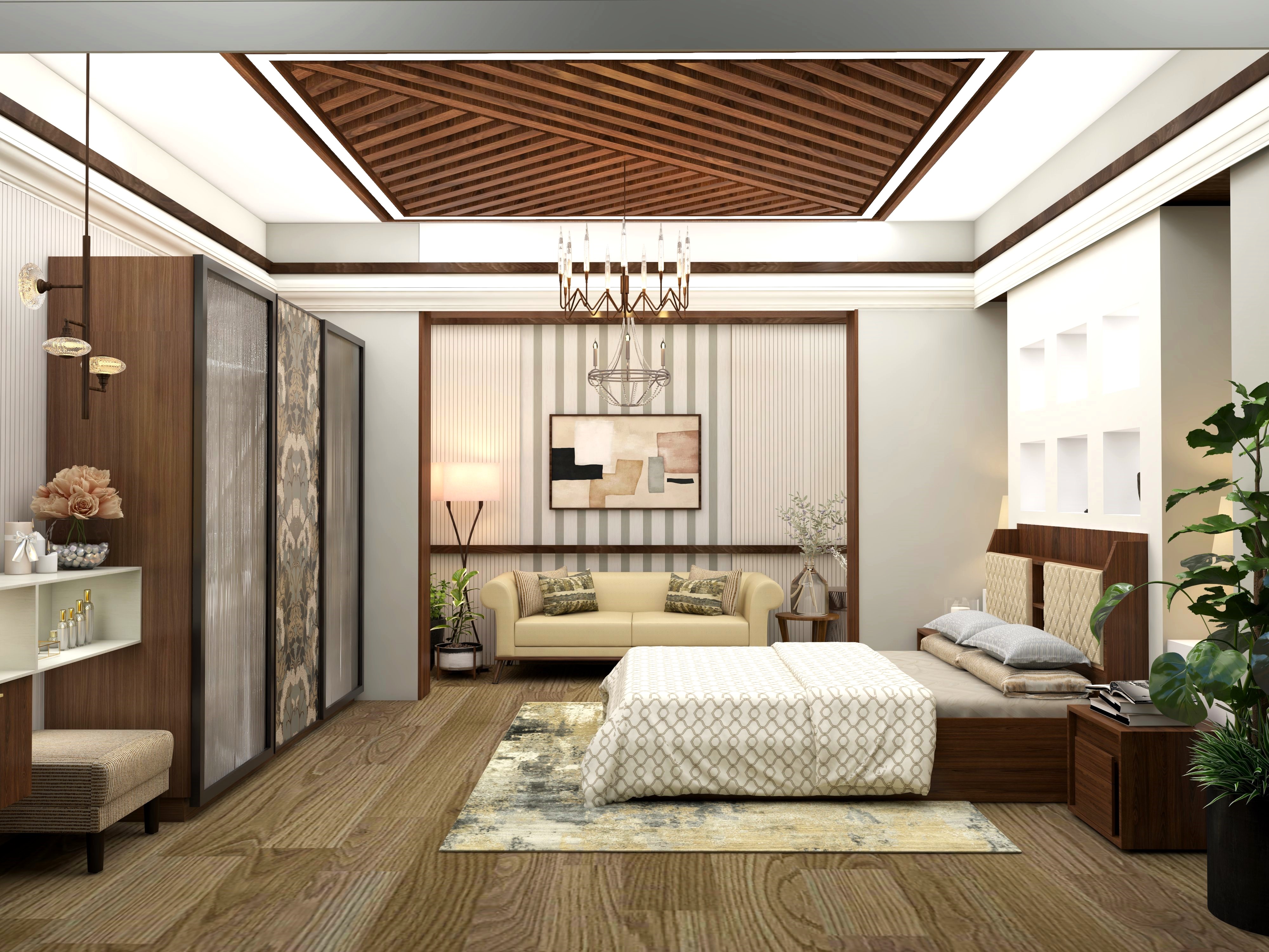Master bedroom with wooden elements in flooring and ceiling-Beautiful Homes