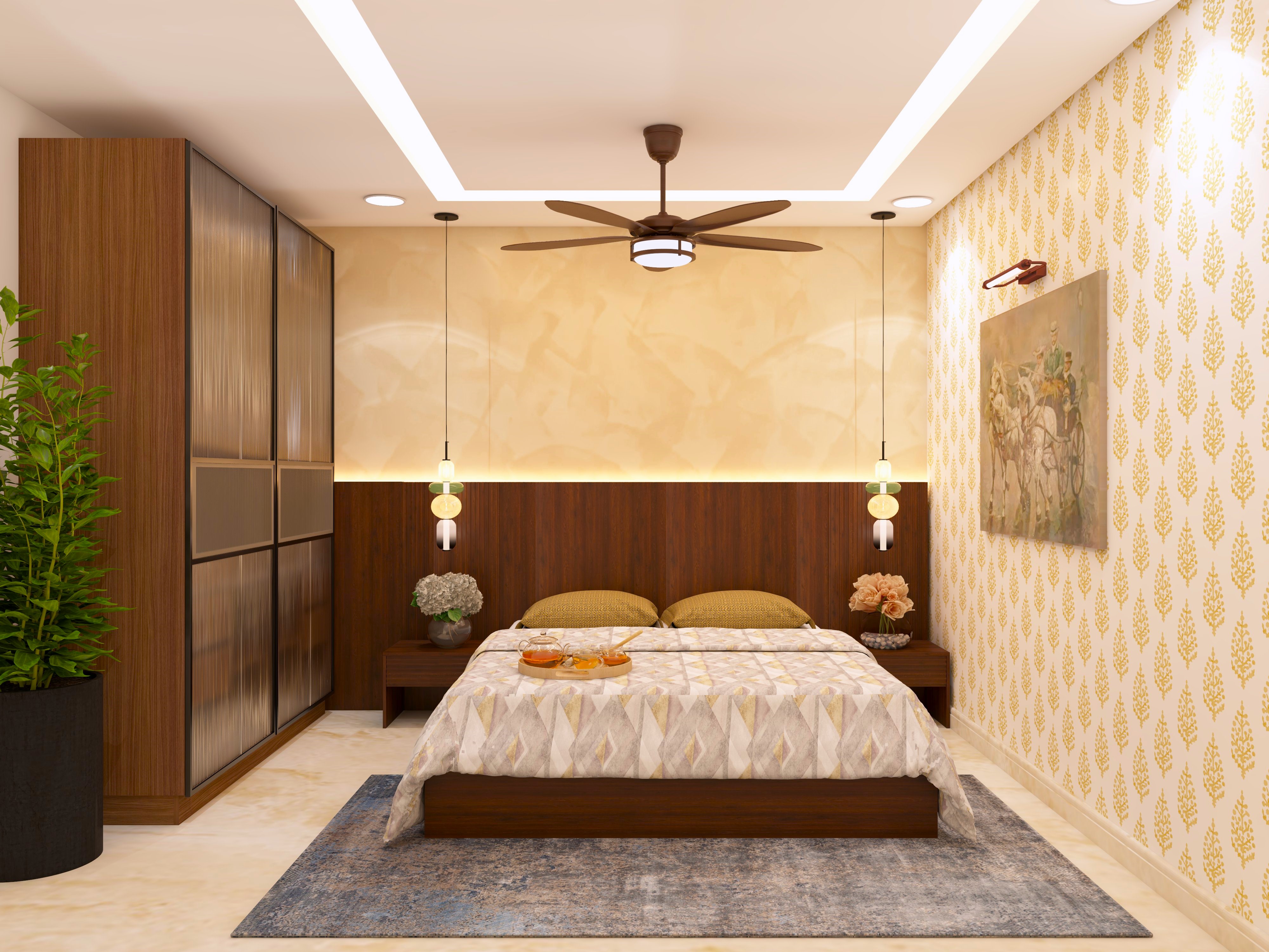 Master bedroom with wooden extended headboard and hanging lights-Beautiful Homes