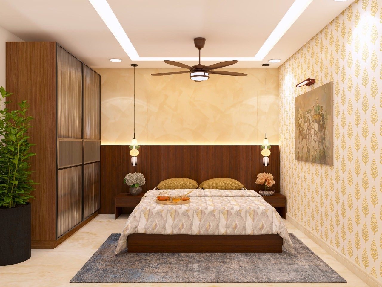 Master bedroom with wooden extended headboard and hanging lights-Beautiful Homes