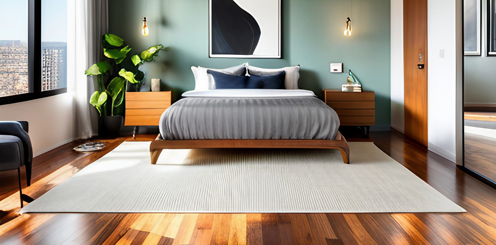 Master bedroom with wooden flooring and area rug-Beautiful Homes