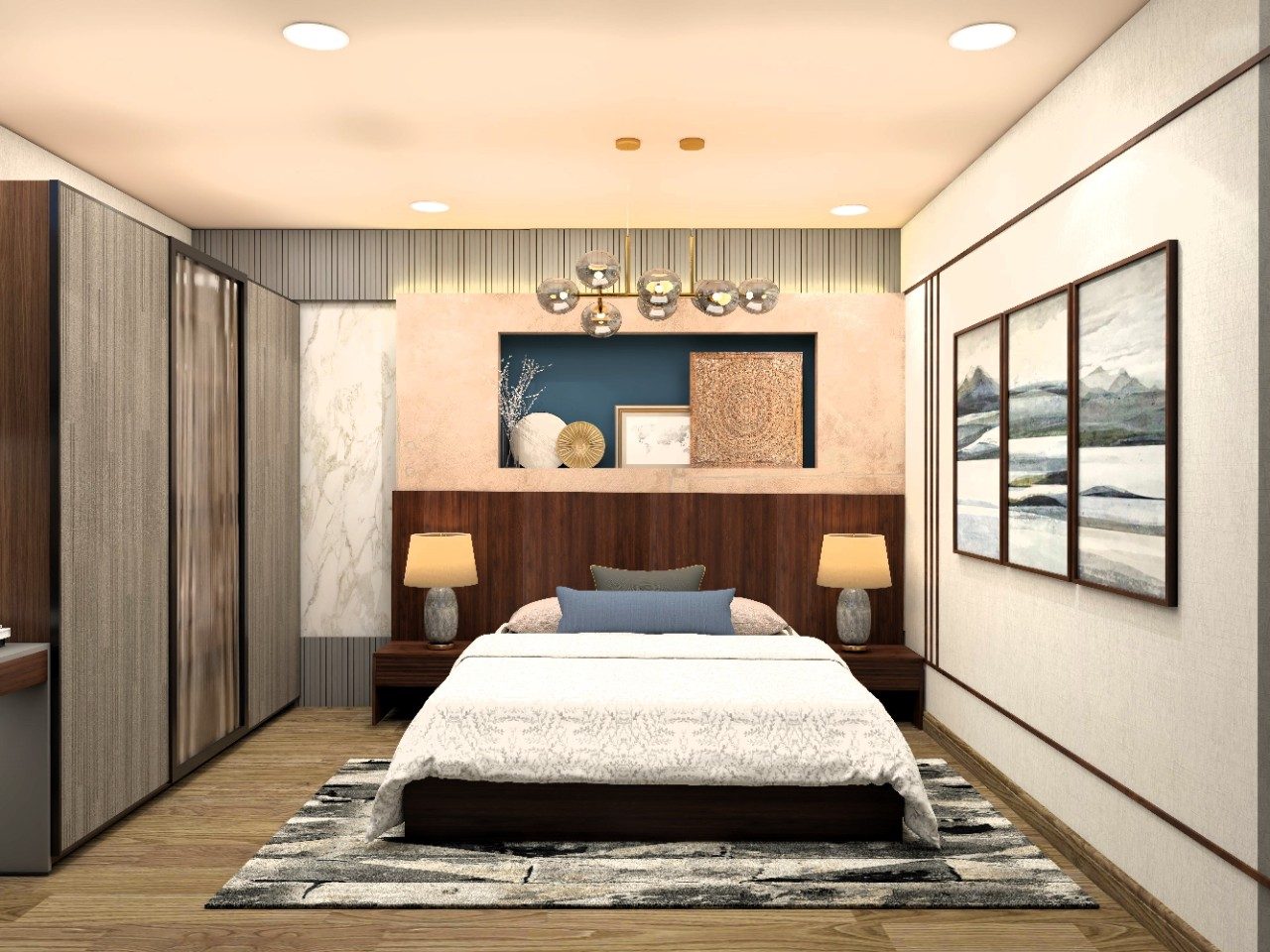 Master bedroom with wooden headboard and framed artwork on walls-Beautiful Homes