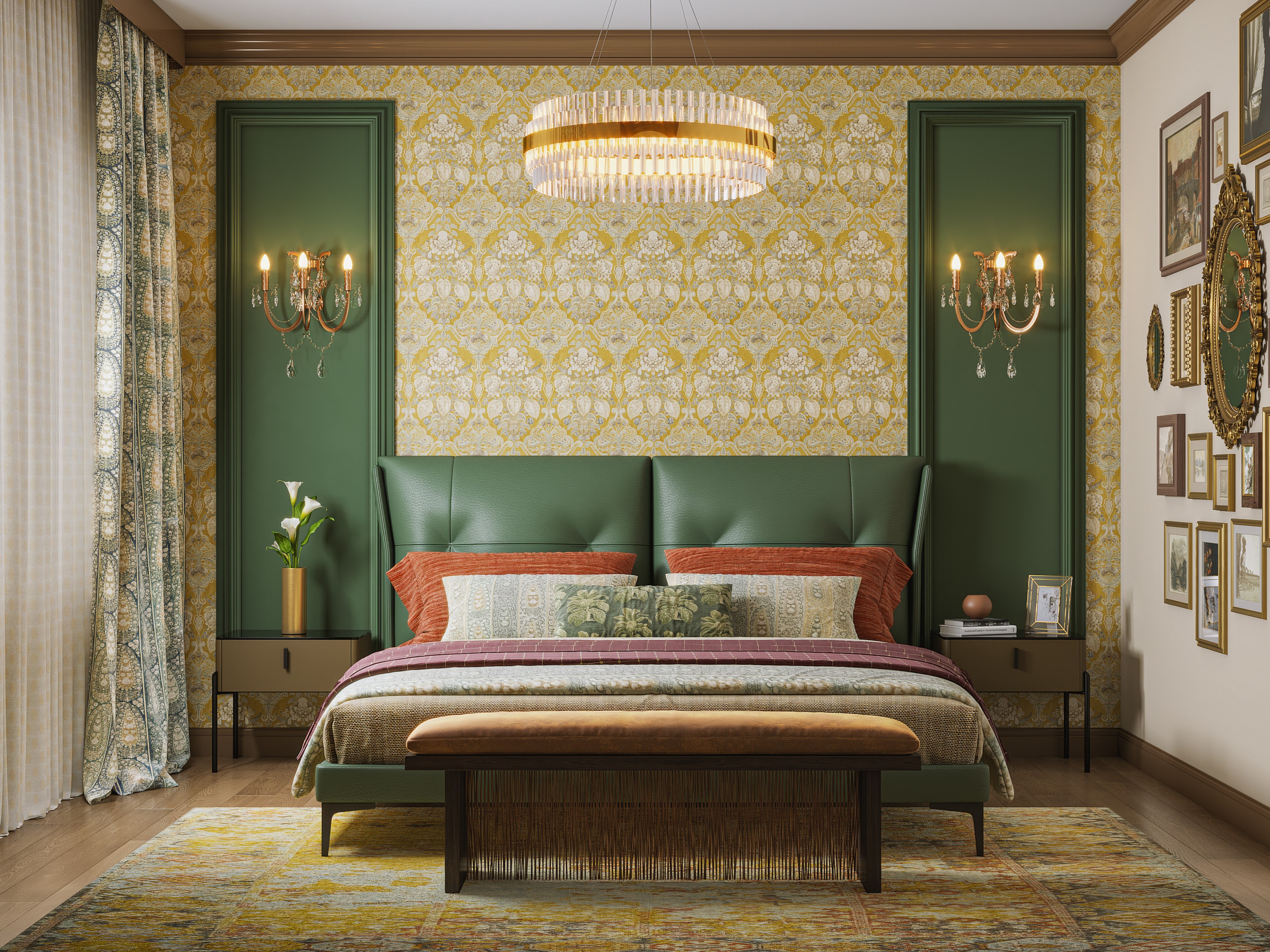 Modern bedroom with green headboard and gold accents - Beautiful Homes