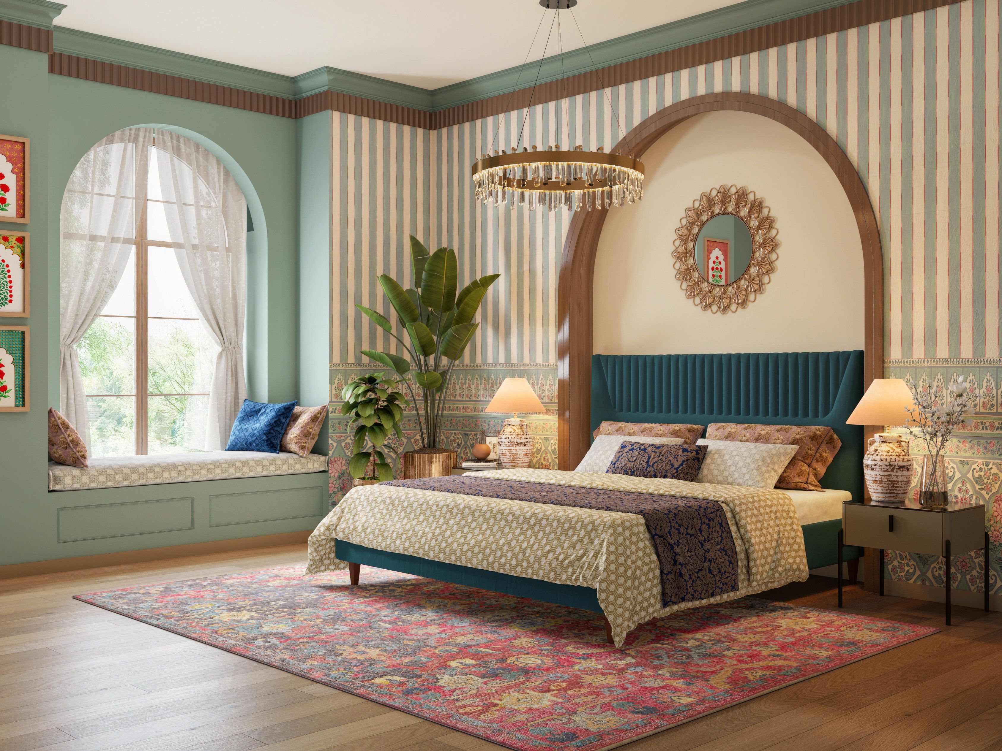 Elegant bedroom featuring a teal velvet bed, arched window, and colourful patterns - Beautiful Homes