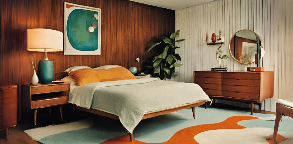 Mid-century modern bedroom design with dressing table and mirror-Beautiful Homes