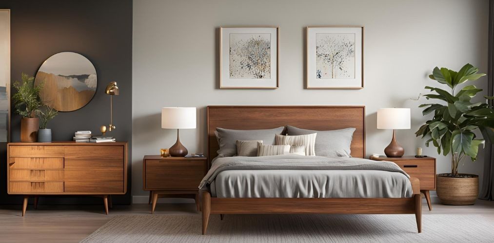 Mid-century modern bedroom design with wooden bed and dresser - Beautiful Homes