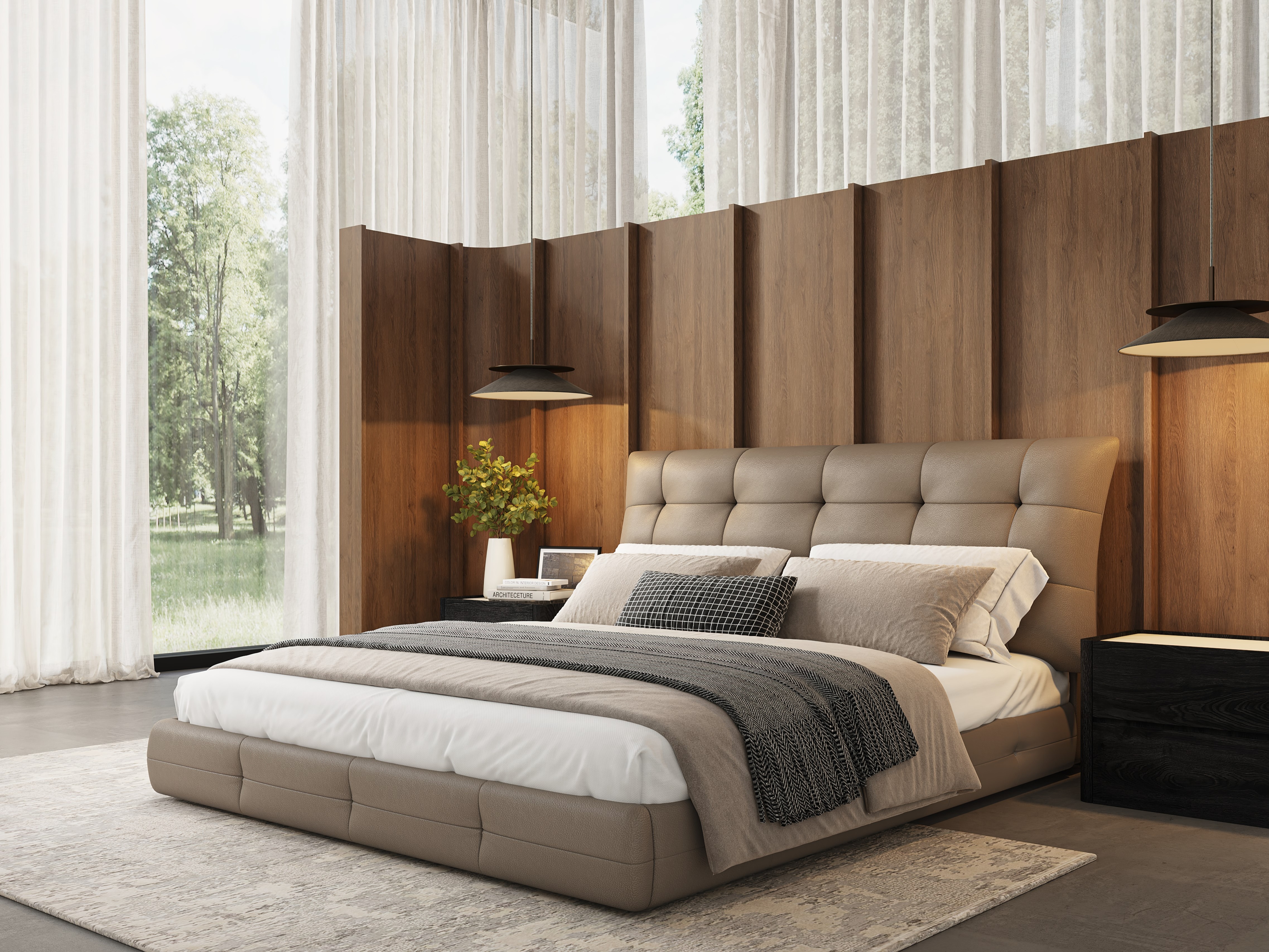 Modern bedroom with upholstered bed and wooden wall - Beautiful Homes