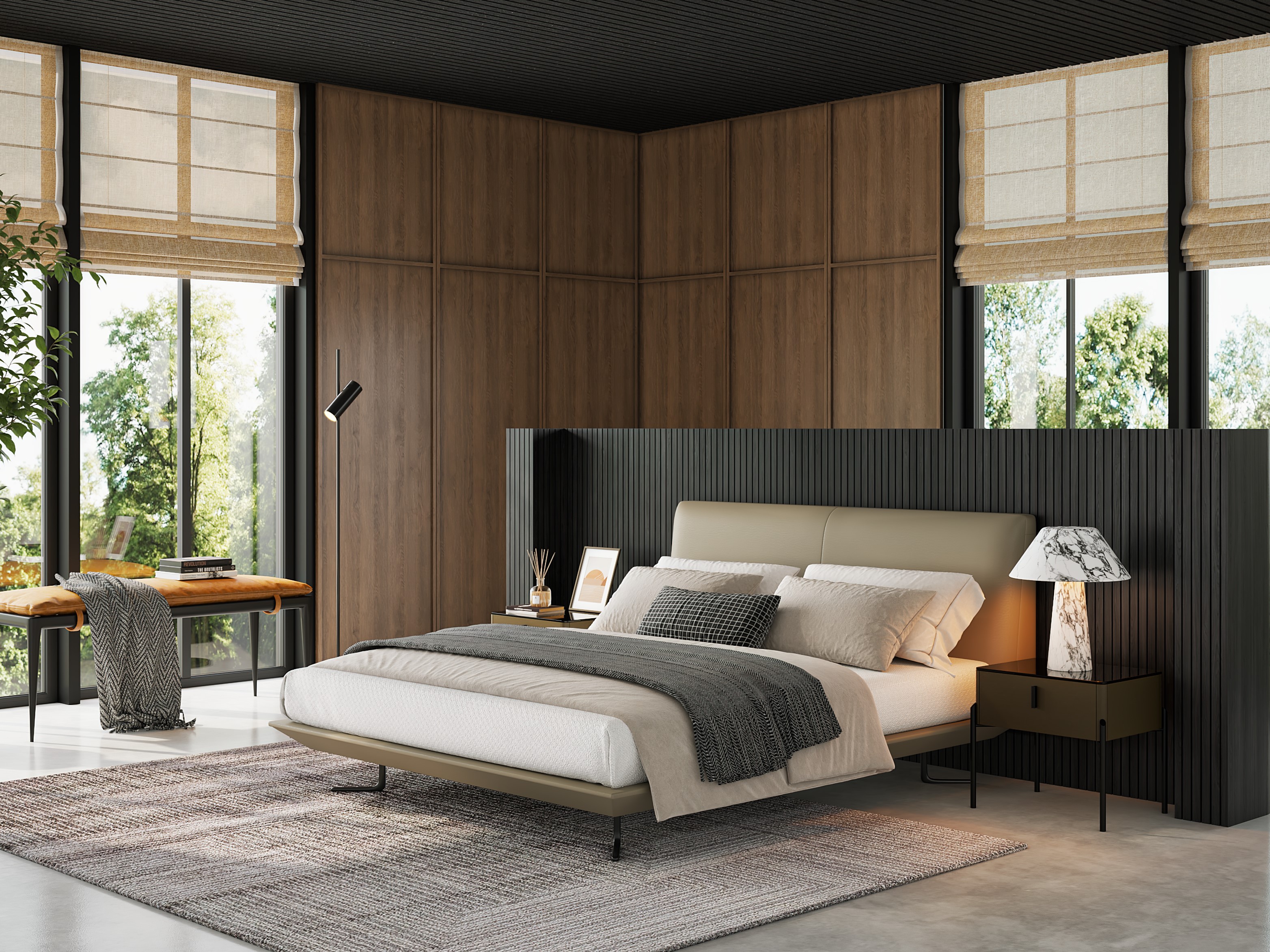 Modern bedroom with wooden walls and beige bed - Beautiful Homes