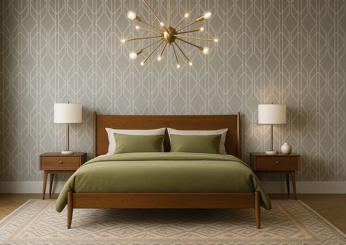 Bedroom with wooden bed, green bedding, and chandelier - Beautiful Homes