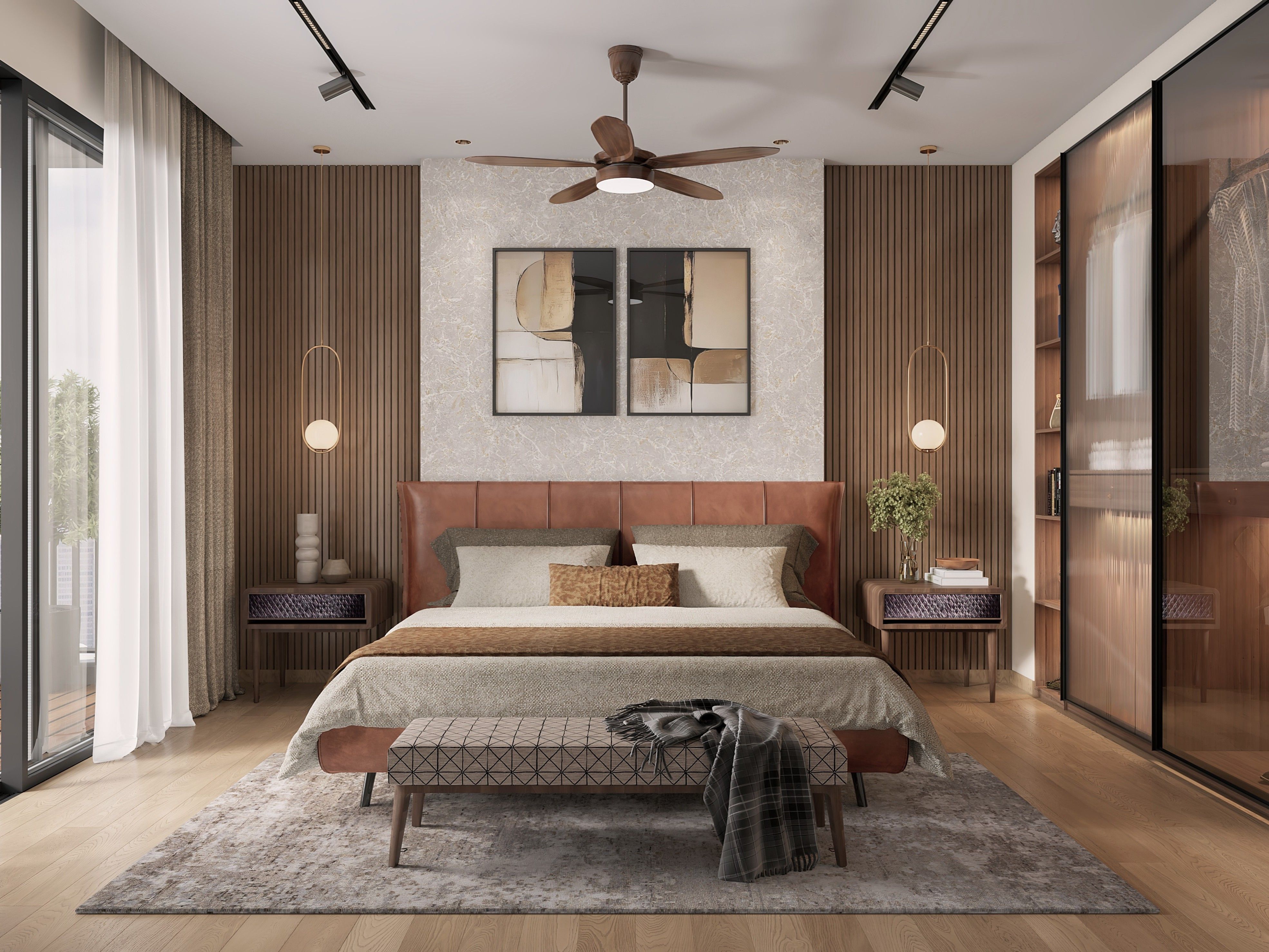 Luxurious bedroom featuring a leather headboard, wooden paneling, and abstract décor - Beautiful Homes