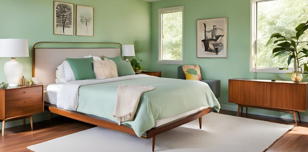 Mid-century modern bedroom with pastel green walls - Beautiful Homes