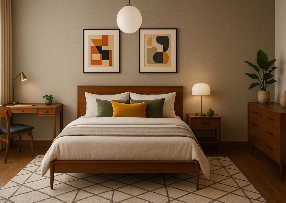Modern bedroom with wooden furniture and warm décor - Beautiful Homes