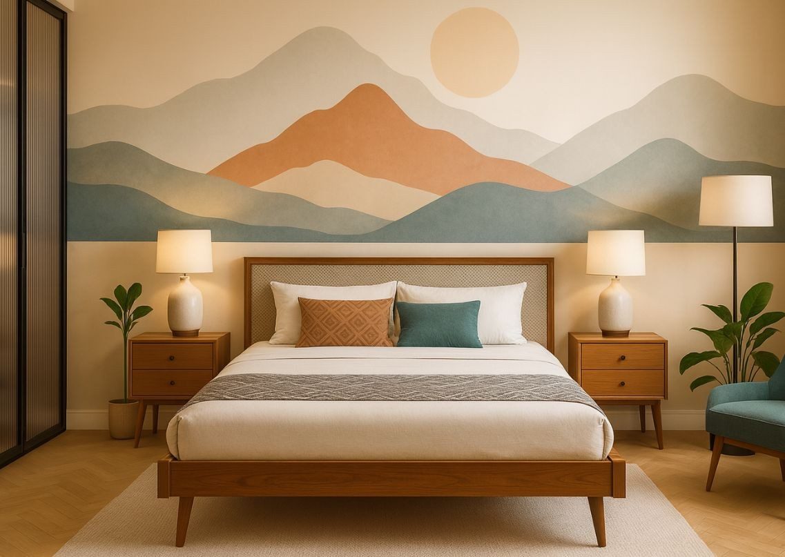 Modern bedroom with wooden bed and wall art - Beautiful Homes