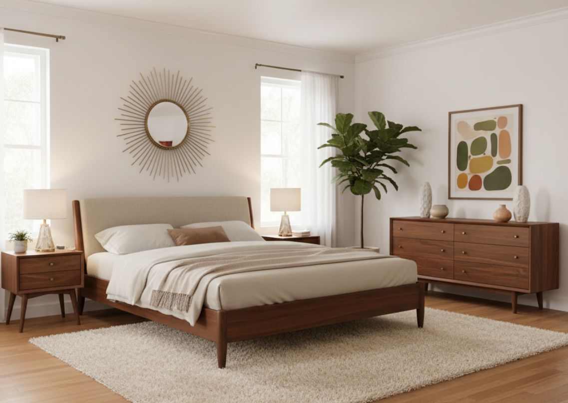 Neutral bedroom with wooden bed and dresser - Beautiful Homes