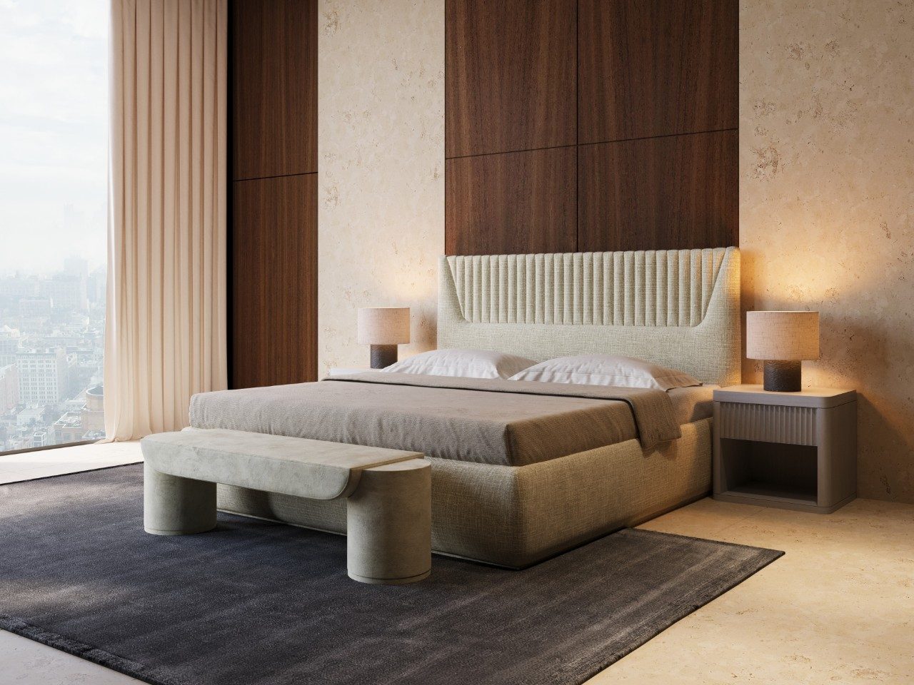 Beige modern bedroom with wooden panels and décor - Beautiful Homes