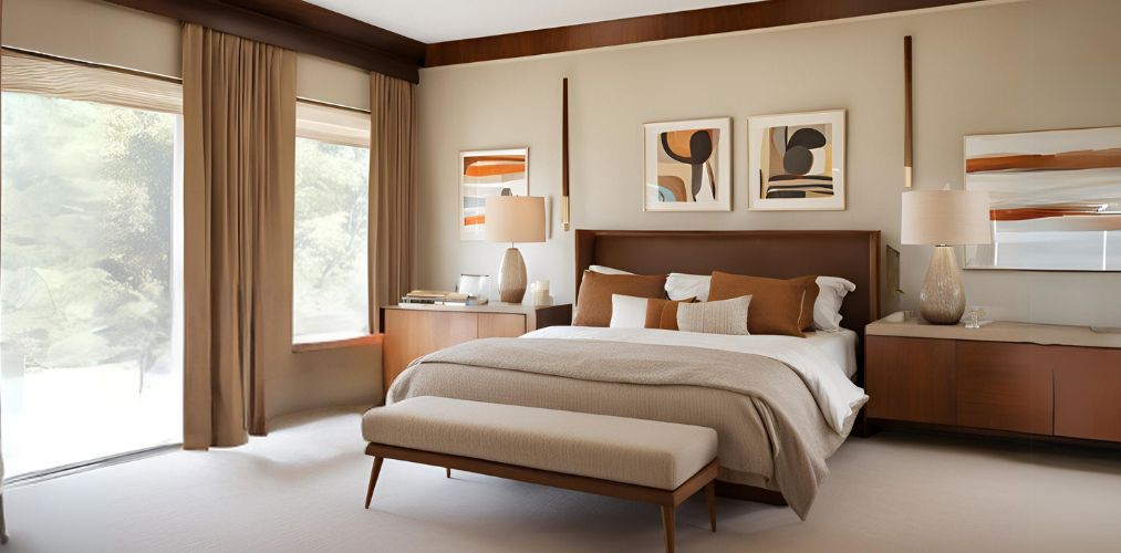 Mid century modern beige and brown master bedroom - Beautiful Homes