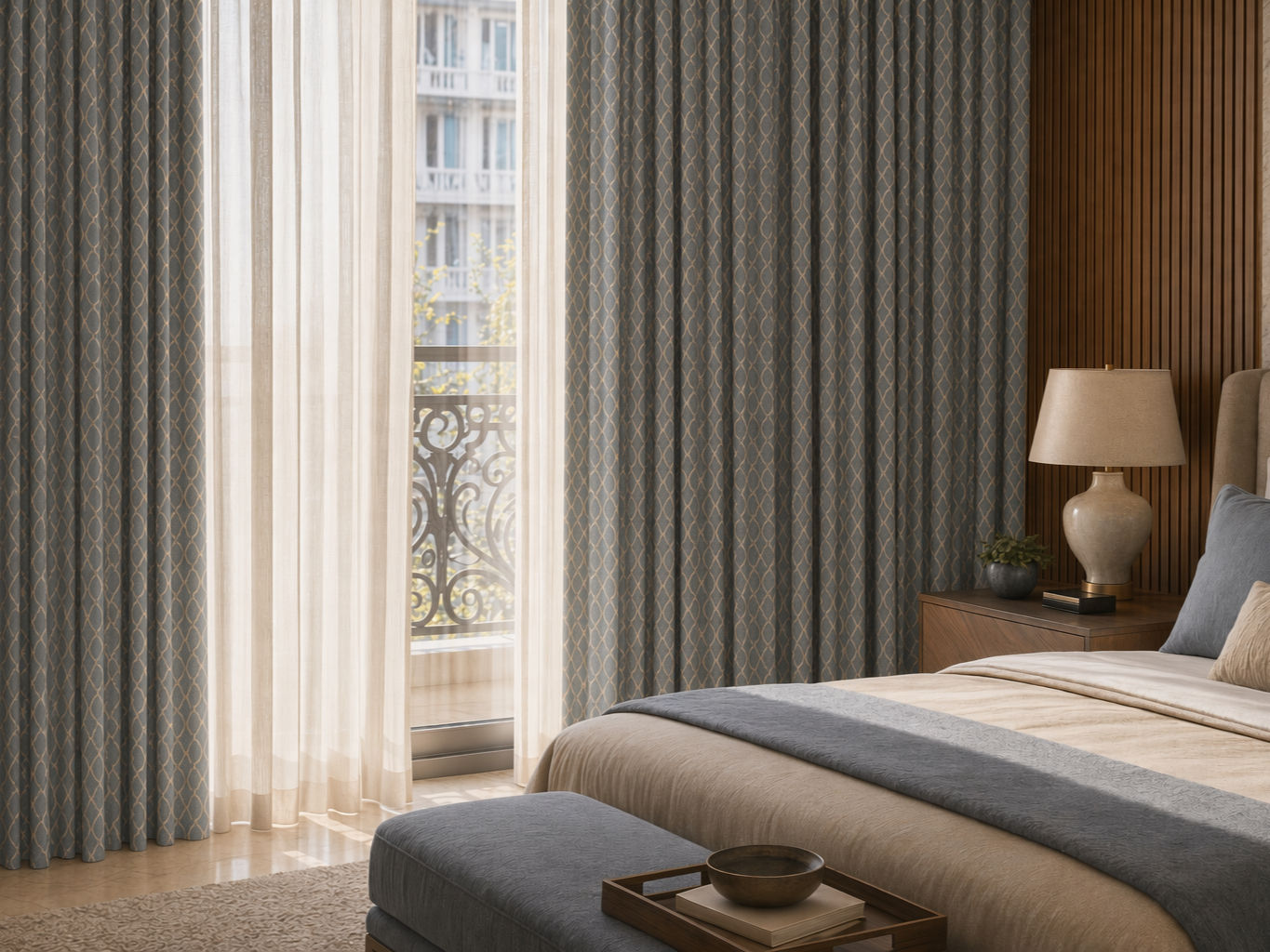 Floor-length slate blue curtains with a subtle gold trellis pattern - Beautiful Homes