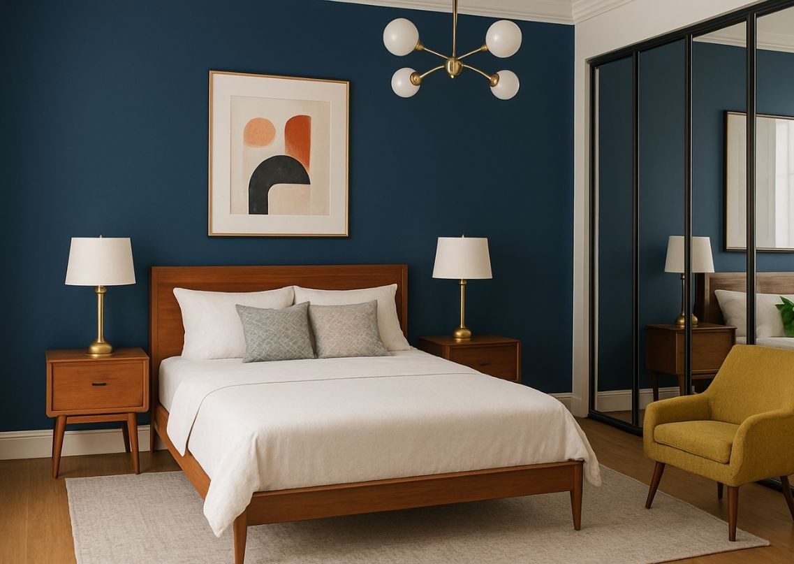 Bedroom with blue wall, wooden furniture, and mirror - Beautiful Homes
