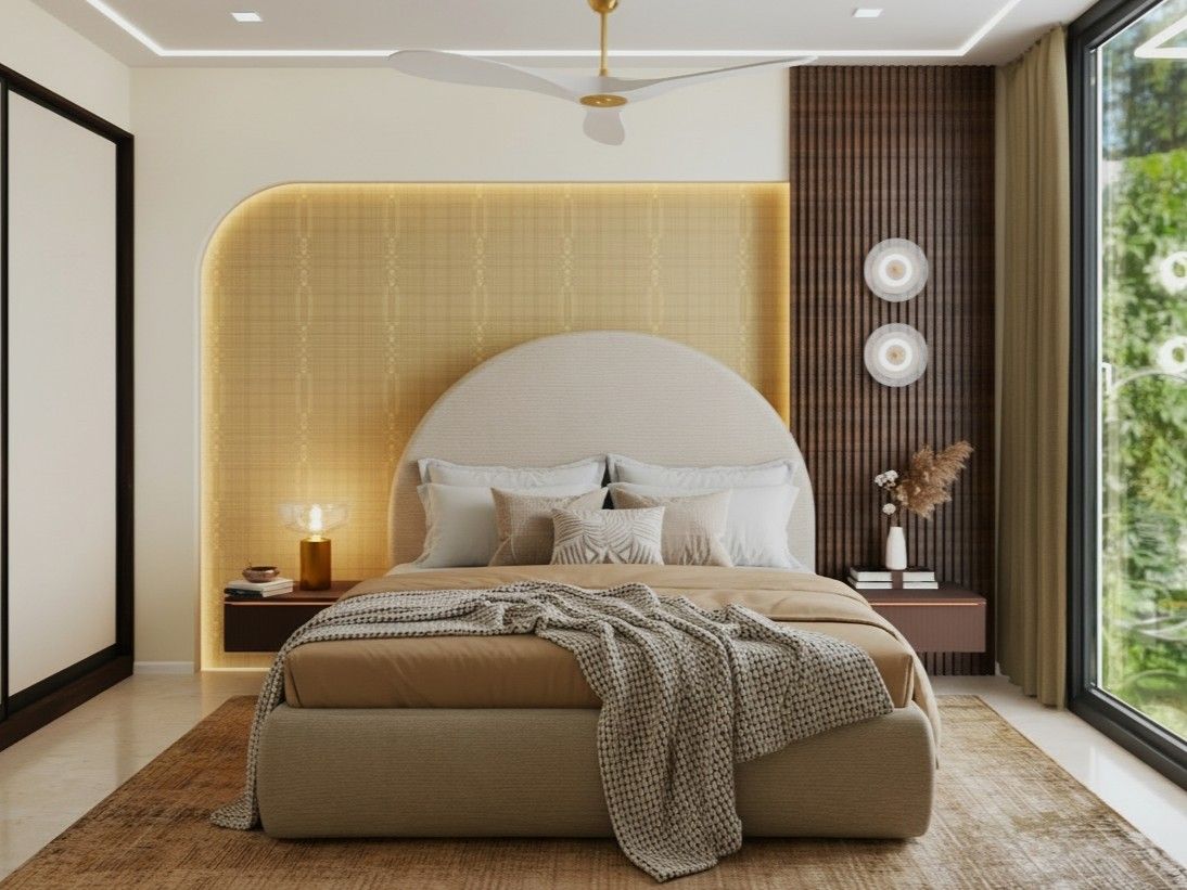 Modern bedroom featuring an arched headboard, woven wallpaper, and dark wood accents - Beautiful Homes
