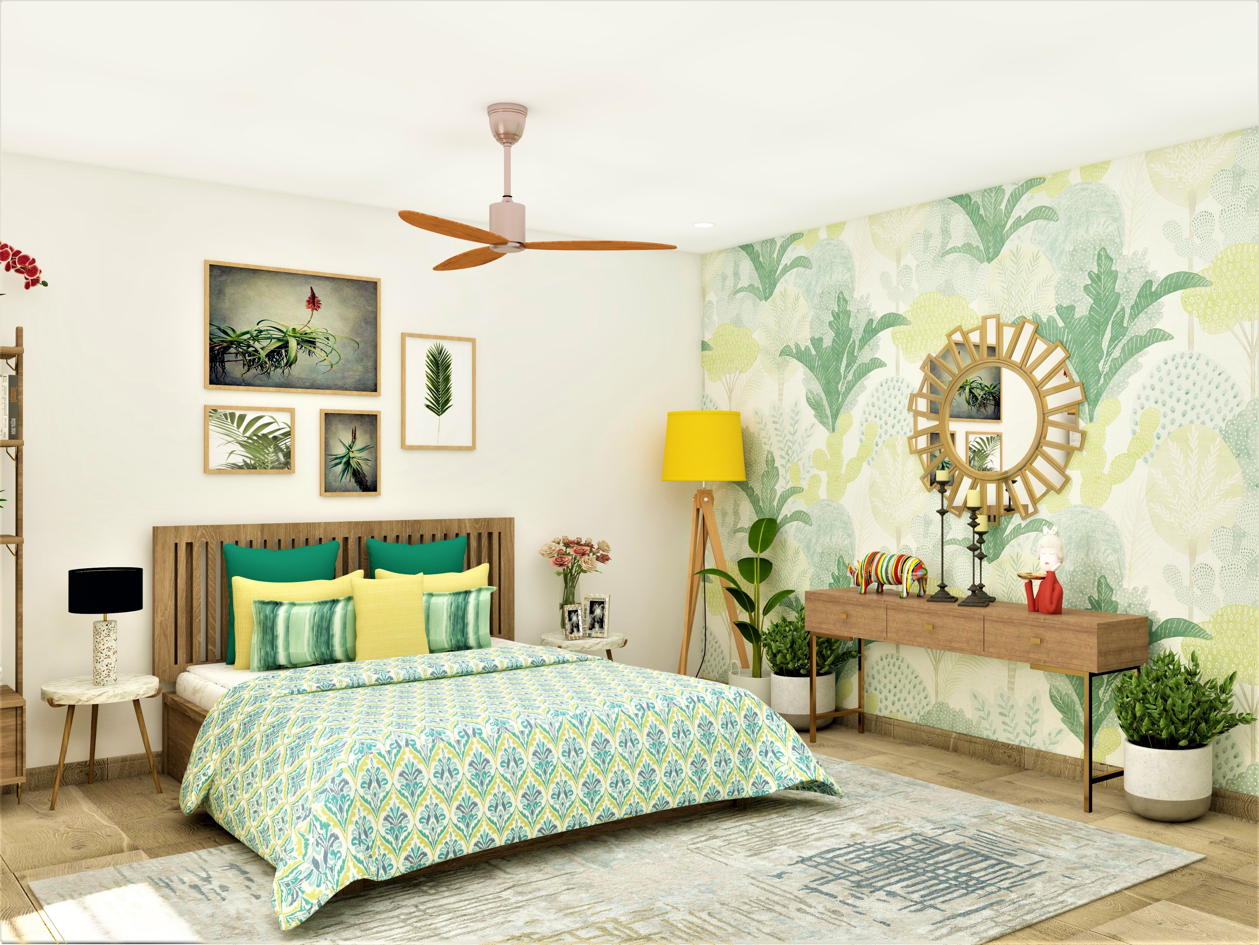 Tropical bedroom with wallpaper and console table-Beautiful Homes