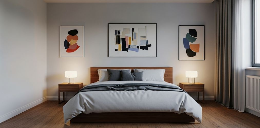 Modern bedroom with wooden bed and artwork - Beautiful Homes