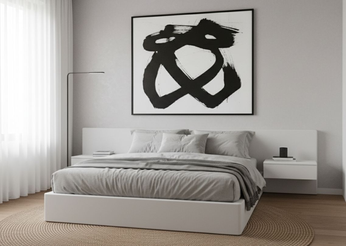 Modern bedroom with grey bed and abstract art - Beautiful Homes