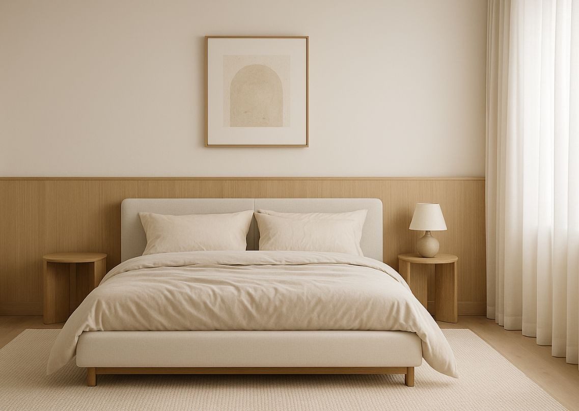 Neutral bedroom with wooden accents and soft tones - Beautiful Homes