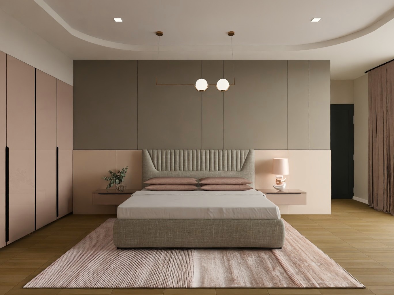 Modern bedroom with upholstered bed and wardrobe - Beautiful Homes