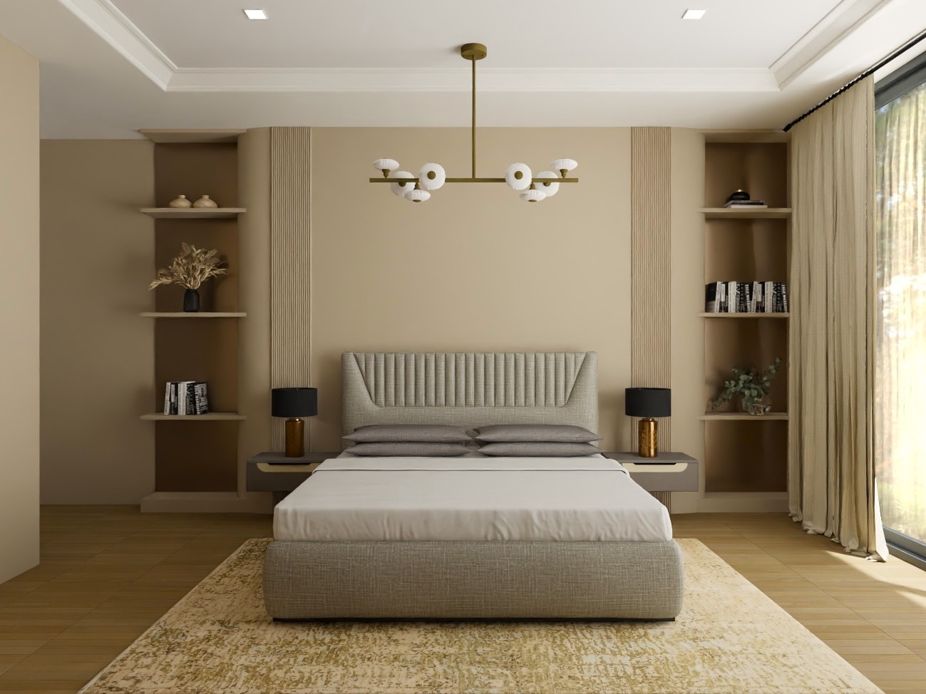 Modern bedroom with headboard and built-in shelves - Beautiful Homes