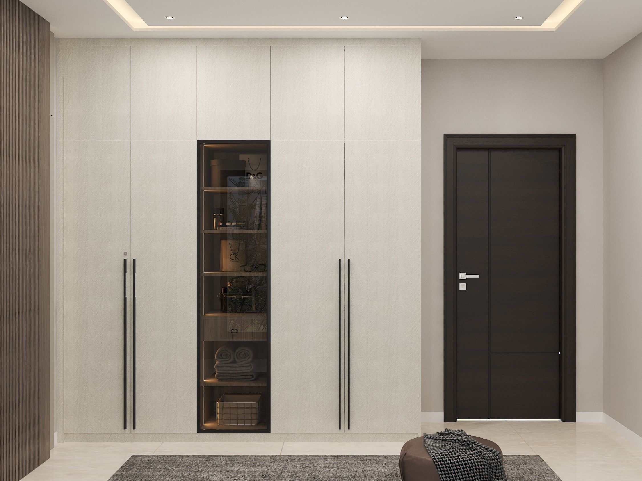 Elegant wardrobe featuring glass display and warm lighting in a modern bedroom - Beautiful Homes