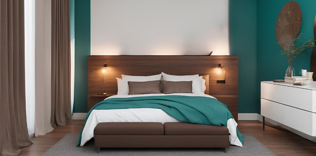 Minimalist teal and brown master bedroom with wooden headboard - Beautiful Homes