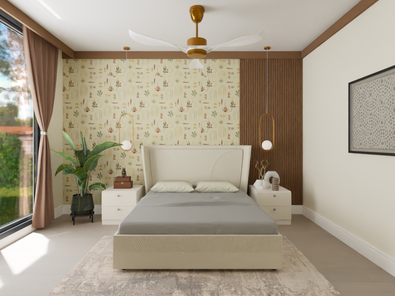 Modern bedroom with decorative wall and grey bed - Beautiful Homes