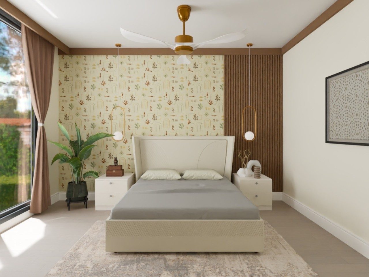 Modern bedroom with decorative wall and grey bed - Beautiful Homes