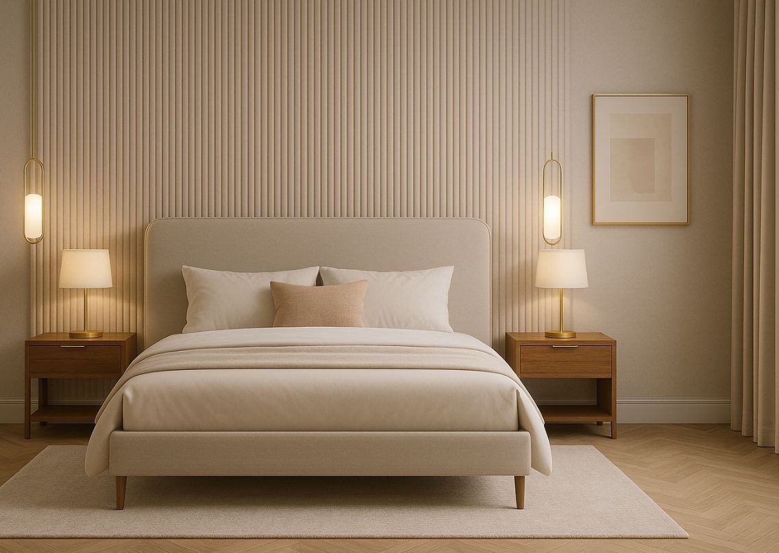 Beige bedroom with textured wall and wooden furniture - Beautiful Homes