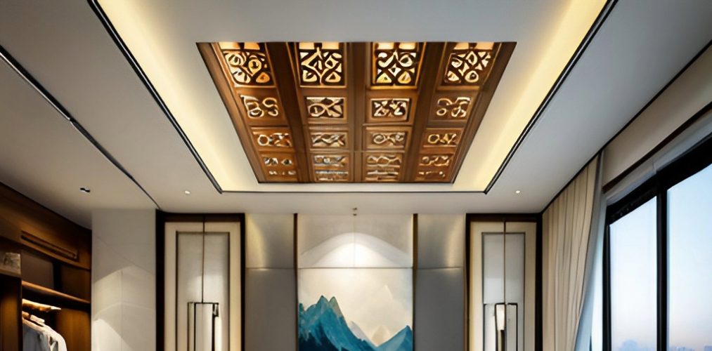 Wooden panels with traditional patterns for modern bedroom ceiling-Beautiful Homes